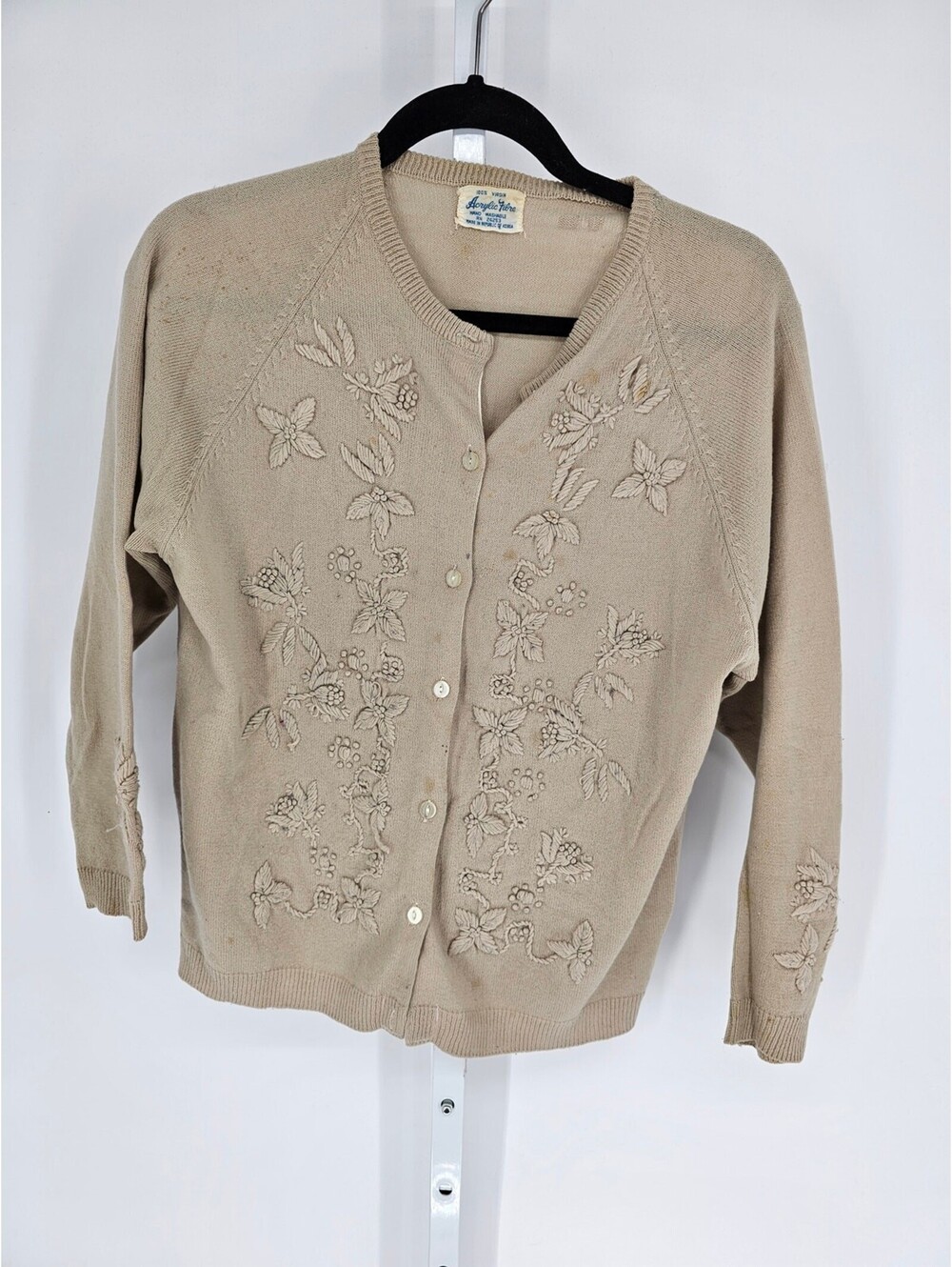 Tan Virgin Acrylic Fiber Floral Embroidered Long Sleeve Button-Up Cardigan Sz L